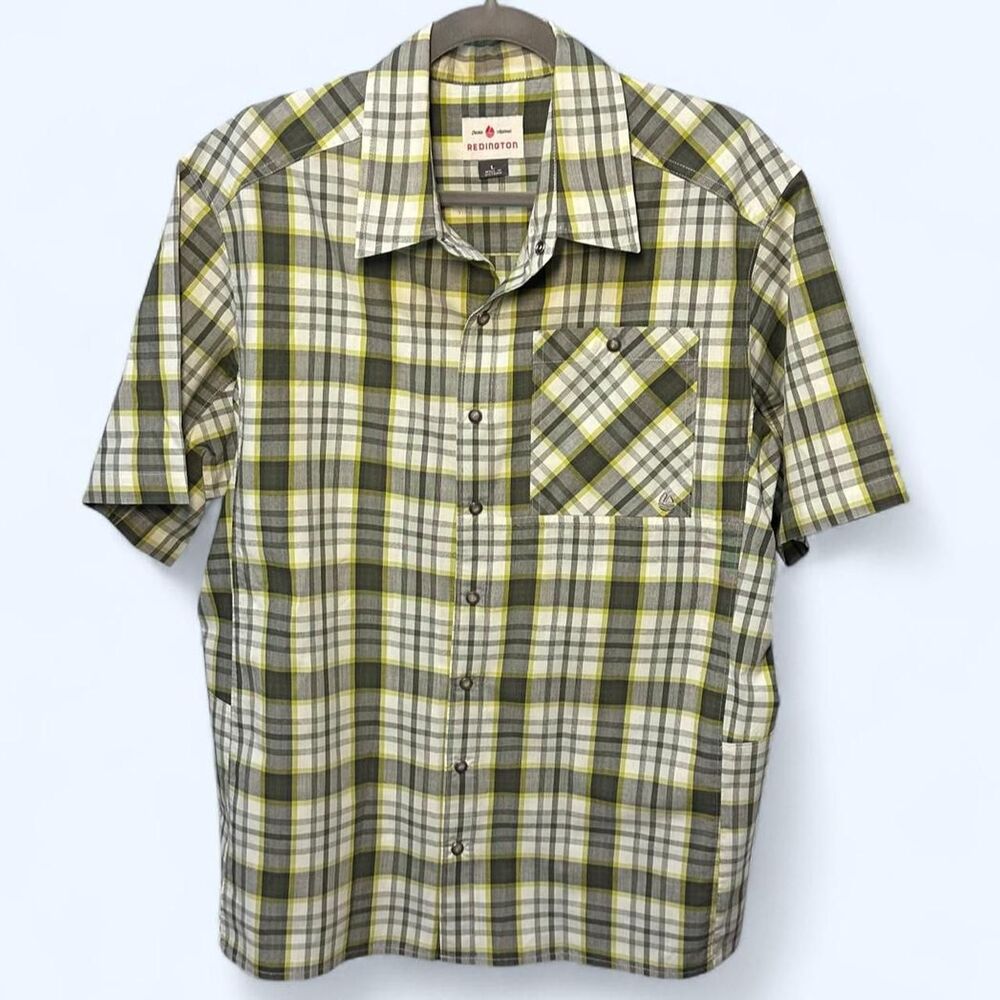 🐄 Redington Men's Green White Tartan Check Plaid Pearl Snap Short Sleeve Shirt